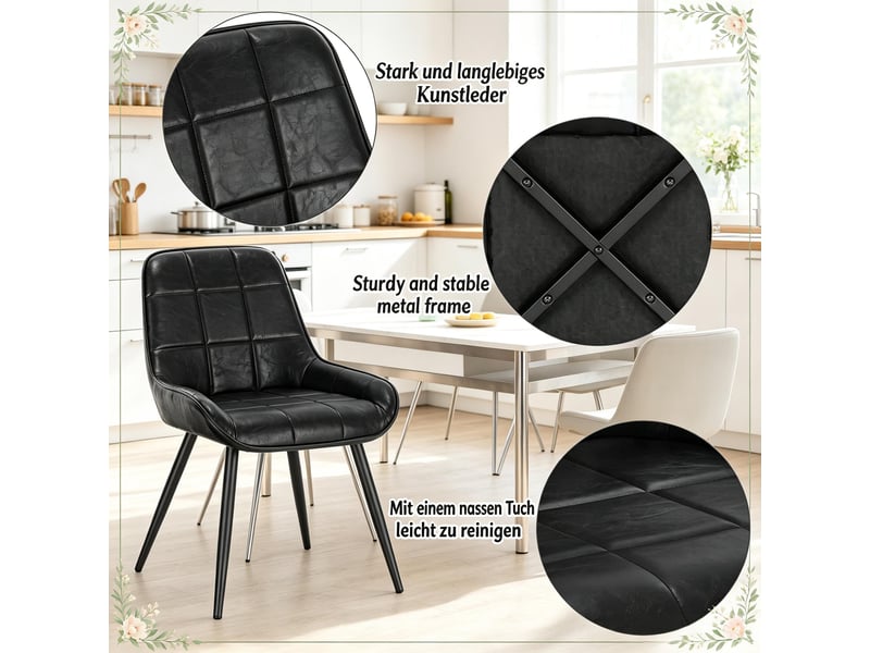  Chaise de salle à manger lot de 4 à dossier incurvé  - assise rembourrée, simili cuir noir  - Conforama E