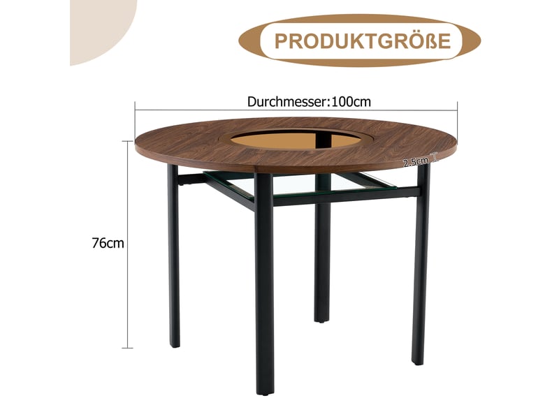 Table à manger ronde ø100 cm – marron et noir – plateau mdf avec verre de sécurité et étagère basse - Conforama C