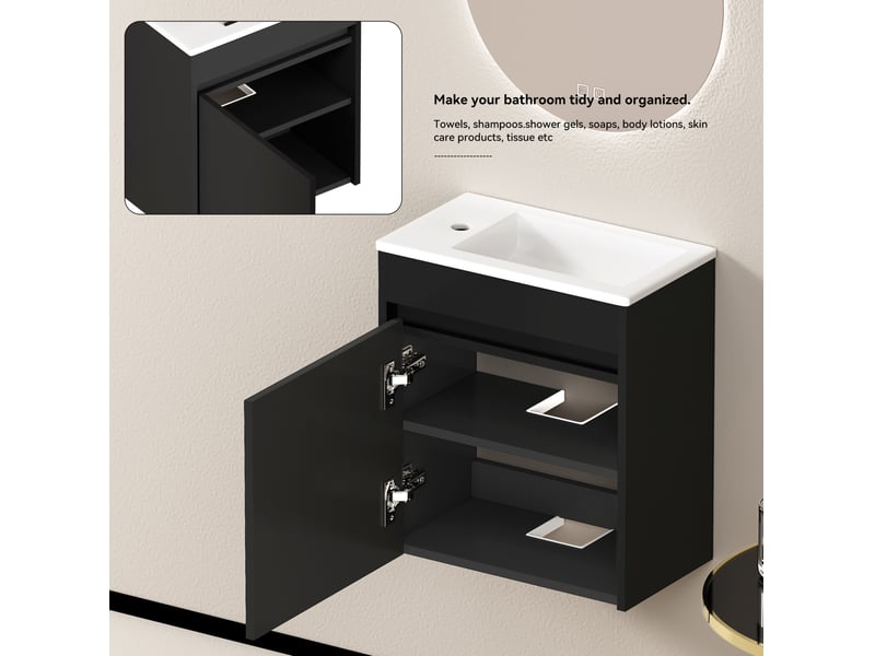  Meuble de salle de bain 46 cm avec rangement et porte à fermeture douce mdf noir  - Conforama D