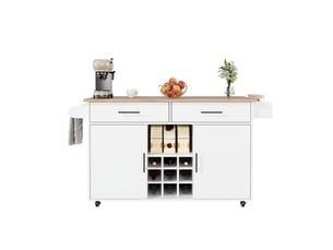Îlot de cuisine sur roulettes avec plateau rabattable blanc et bois 120x45x84 cm