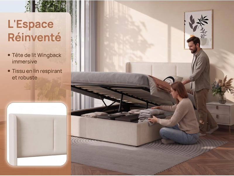  Lit 2 places 140×190 cm – lit coffre –  dossier capitonné - sommier à lattes – lin beige  - Conforama E