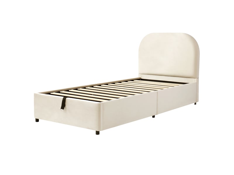  Lit coffre enfant 90x190 cm avec rangement hydraulique et tête de lit rembourrée lit simple avec sommier à lattes en velours beige BUYDEEMEUS - Conforama D