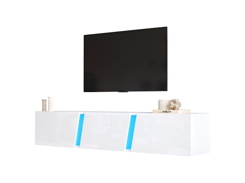  Meuble tv mural avec 3 portes, 5 compartiments et led pour salon 180×35×30 cm en panneaux de particules blanc  - Conforama A