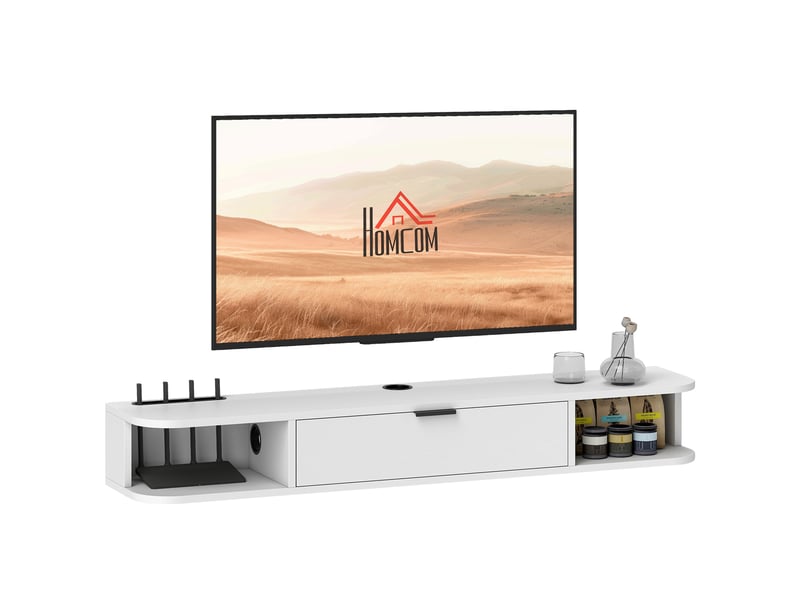  Meuble tv suspendu, meuble télé pour téléviseur jusqu'à 50 pouces, tiroir rabattable 2 étagères 120x24x16cm blanc  - Conforama A