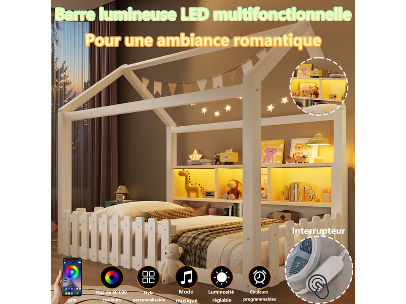  Lit cabane enfant 90x190 cm avec barrières, rangements ouverts, éclairage led et sommier à lattes, pin blanc, sans matelas  - Conforama D