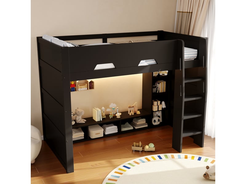 Lit mezzanine enfant 90x200cm avec rangements intégrés, armoires et étagères ouvertes, éclairage led, échelle et barrières de sécurité, mdf - noir - Conforama E