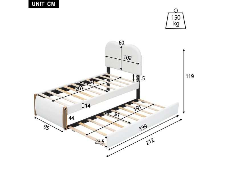Lit gigogne pour enfant 90x200 cm avec tête de lit, sommiers, style épuré , peluche blanche, sans matelas - Conforama C
