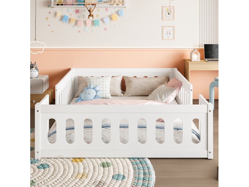  Lit plateforme enfant 140 x 200 cm blanc en bois et mdf, avec barrières de protection et ouverture latérale  - Conforama B
