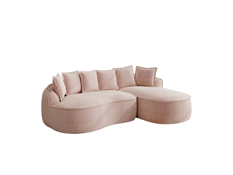 Canapé d'angle modulaire avec méridienne profonde, design ergonomique et coussins, en chenille rose - Conforama A