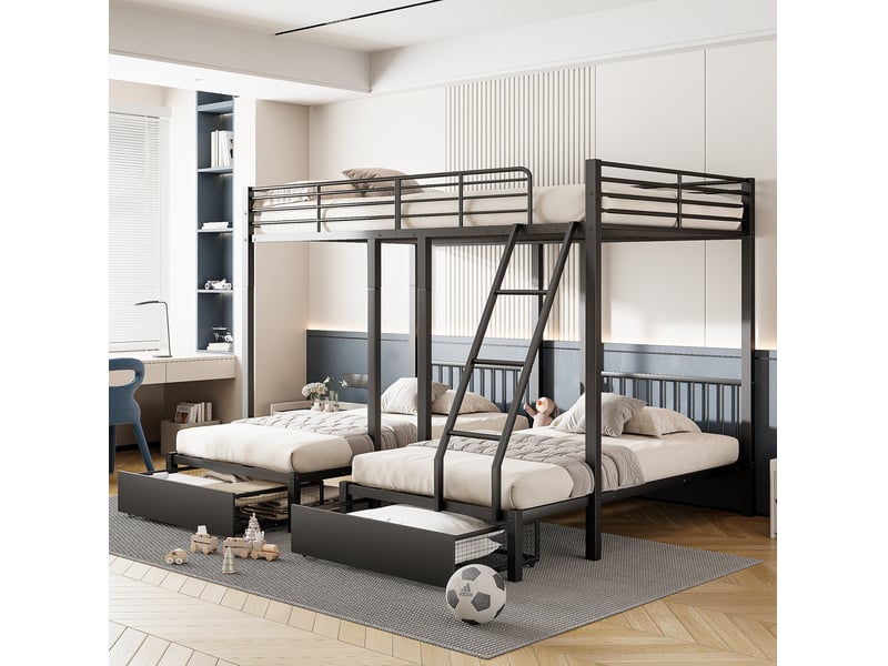  Lit superposé triple 246x206x177,8 cm avec tiroirs en métal noir  - Conforama D