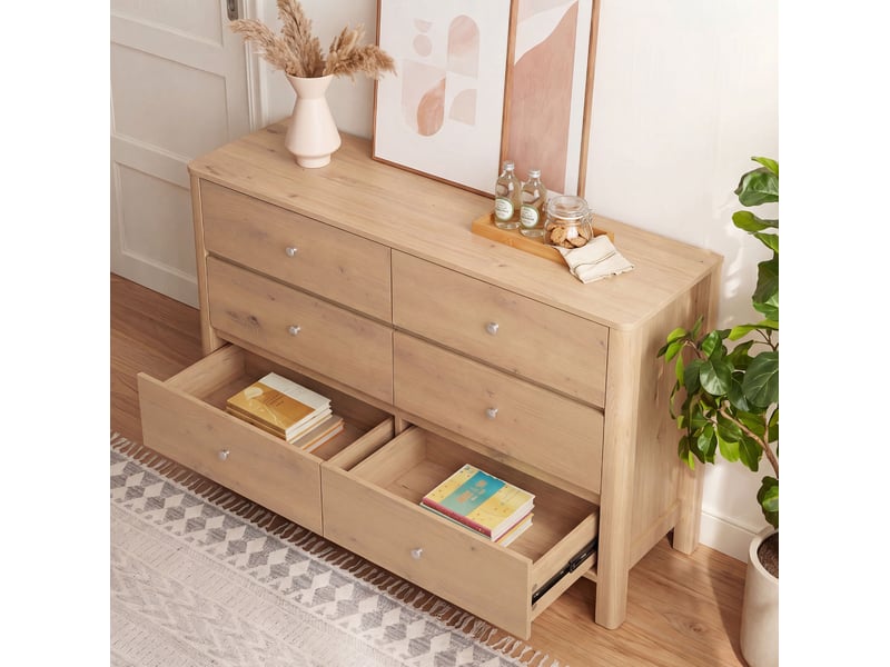 Commode moderne avec 6 tiroirs sur rails métalliques pour chambre, séjour ou entrée, chêne, 120 × 40 × 80 cm - Conforama C