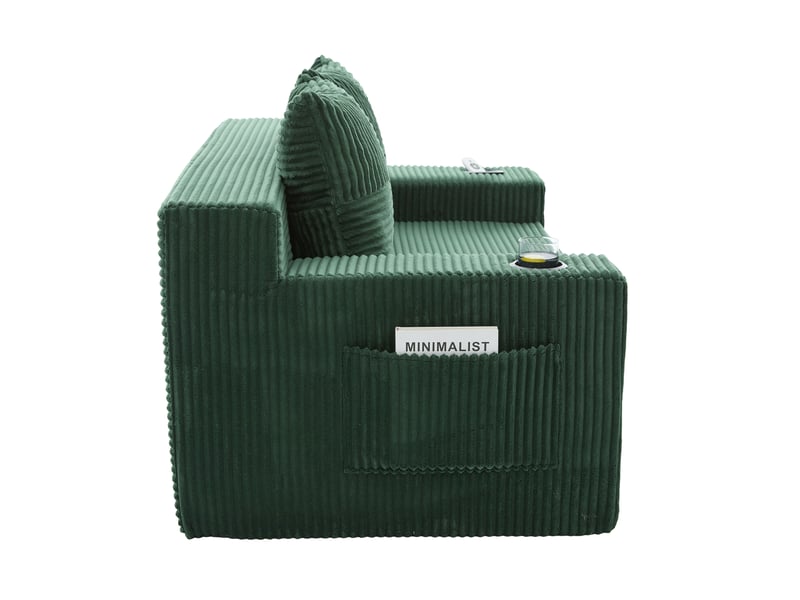 Canapé 2 places kaki en velours côtelé avec pouf, 2 coussins, porte-gobelet et rangement latéral - Conforama E