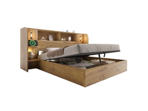 Lit coffre 180x200 cm avec rangement hydraulique, lit double avec étagères de tête de lit, lampes tactiles, usb-ausb-c et sommier, effet chêne