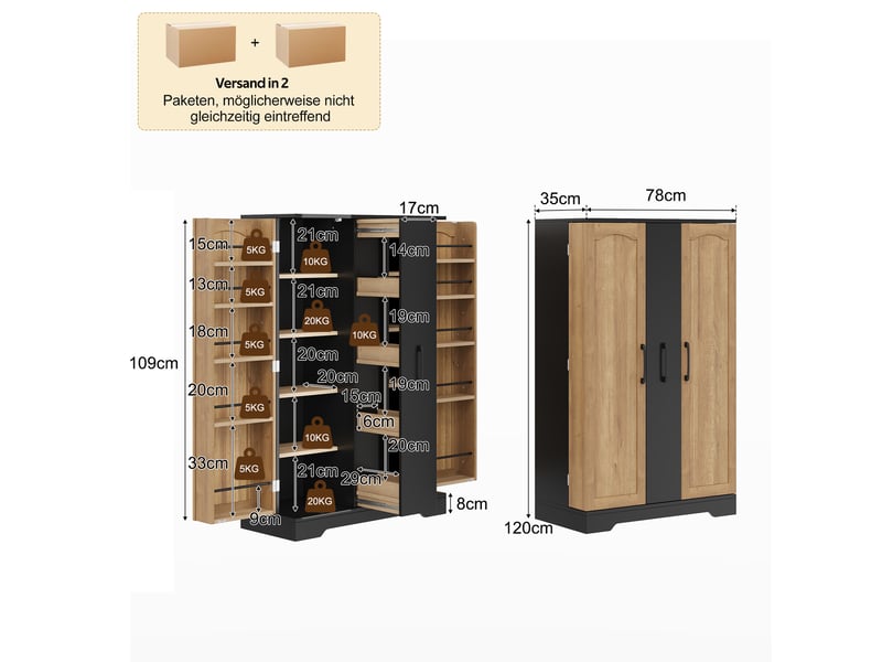  Meuble de cuisine 78x35x120 cm avec rangement épices, placard haut avec portes, tiroir coulissant vertical et étagères réglables - noir et naturel  - Conforama E