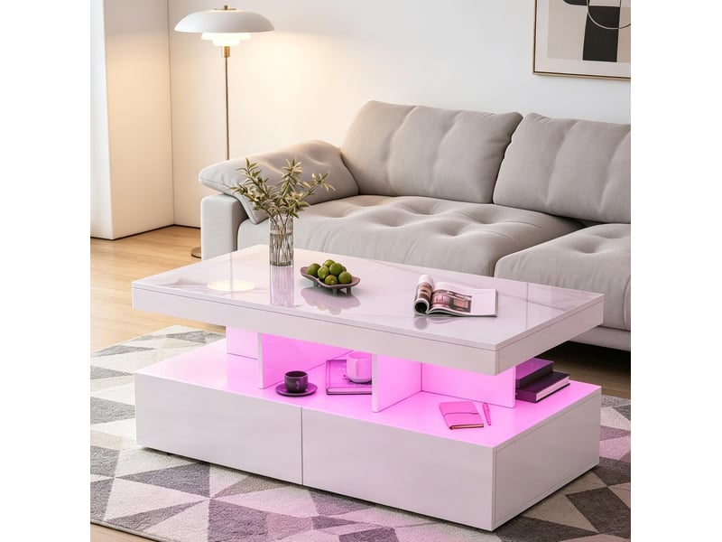  Table basse laquée blanche – éclairage led rgb – 2 tiroirs extra-larges – plateau à plusieurs niveaux – grand espace de rangement  - Conforama B