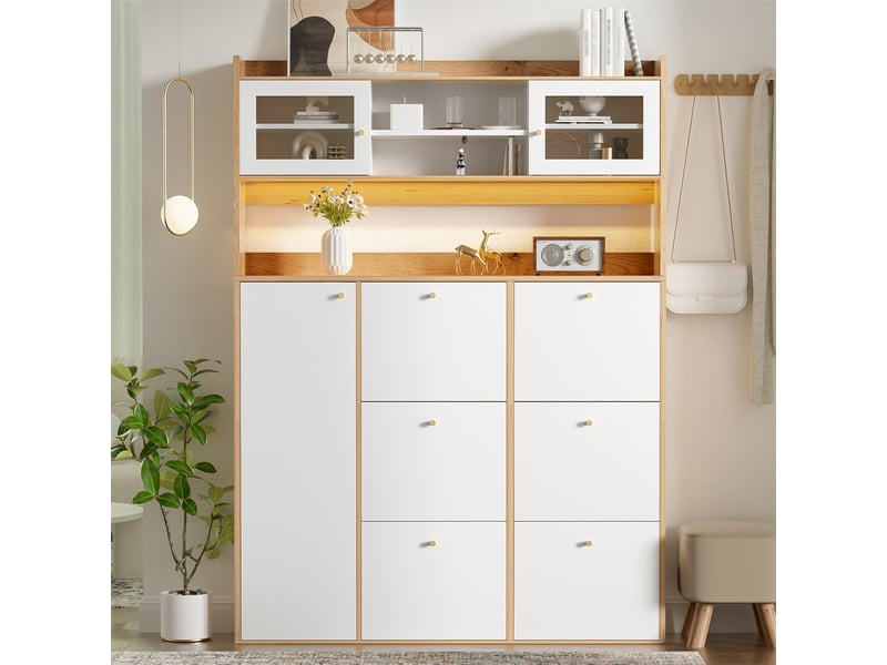  Meuble à chaussures avec led et vitrine – 130 x 25 x 180 cm – 6 abattants modulables et 1 porte verre – mdf - blanc et naturel  - Conforama E