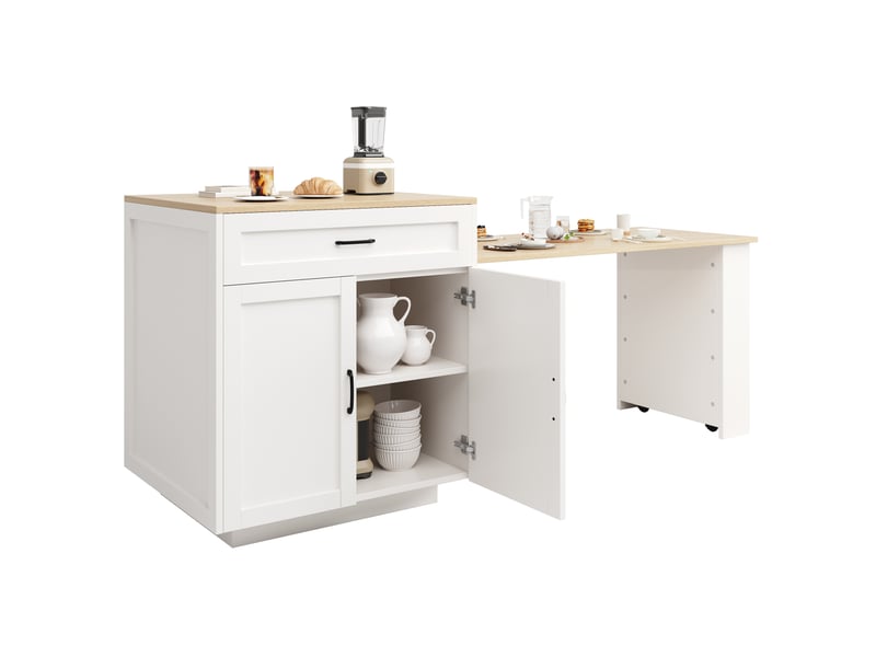  Table haute extensible avec 1 tiroir et 4 niches, roulettes, cuisine, mdf 133-202×70×93,5 cm blanc  - Conforama A