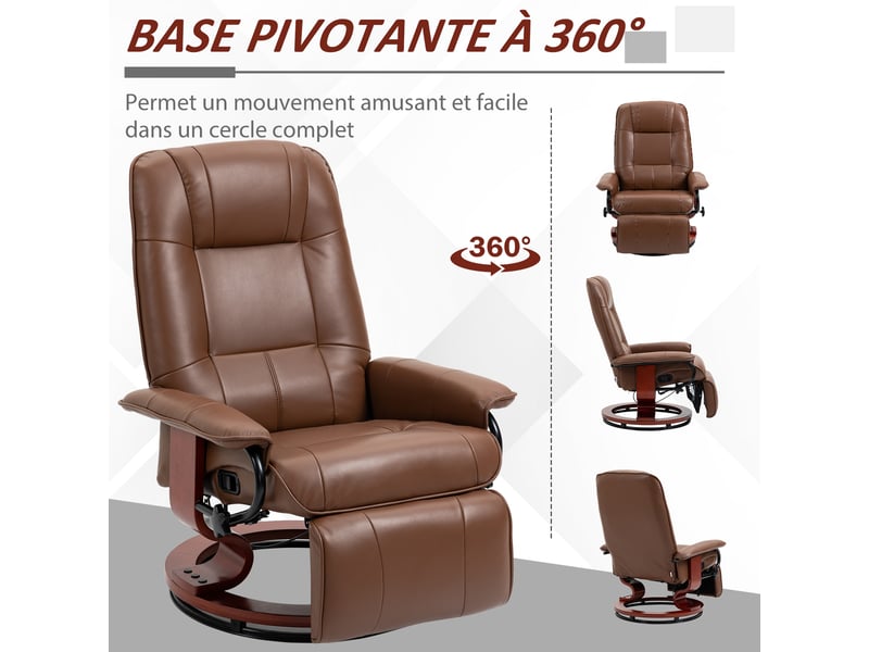  Fauteuil relax inclinable pivotant 360° avec repose-pieds simili cuir marron 78x87x100 cm  - Conforama E