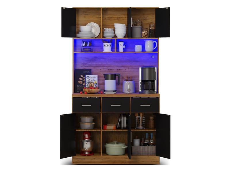  Buffet de cuisine avec éclairage led, tiroirs et étagères réglables, prises électriques – meuble moderne  - Conforama A