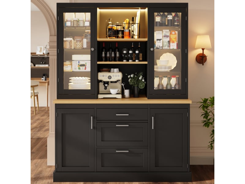  Buffet de cuisine haut avecled rgb, 3 tiroirs et rangements noir, 140x40x185 cm  - Conforama C