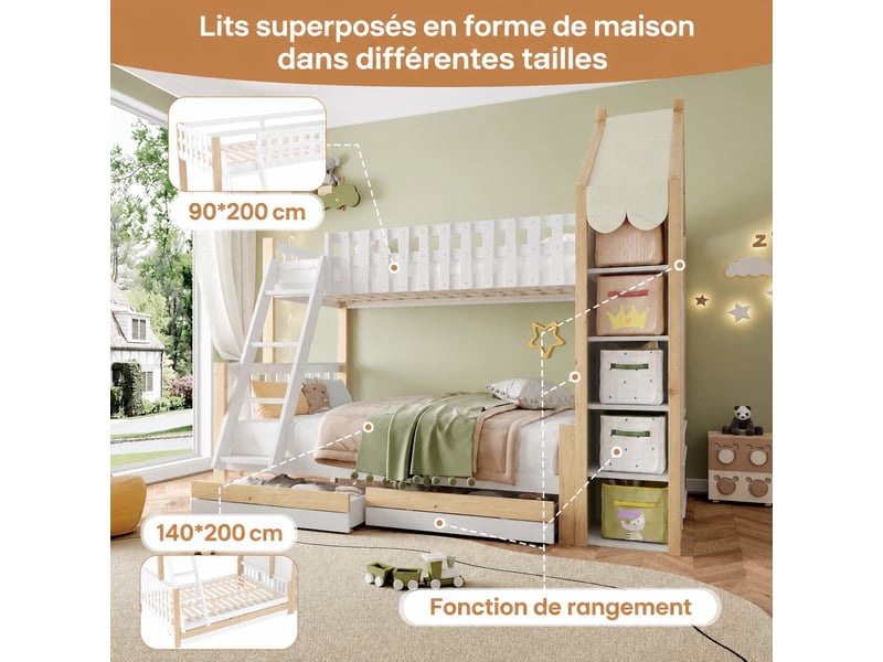  Lit superposé enfant avec couchage inférieur 140 x 200 cm, supérieur 90 x 200 cm, 2 tiroirs, blanc et naturel  - Conforama D