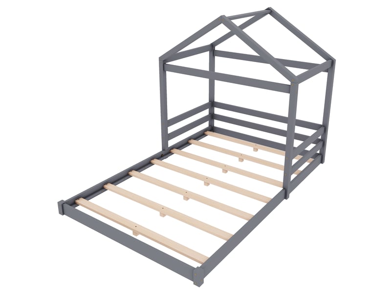  Lit cabane enfant 140x200 cm en pin gris, style minimaliste, forme maison, sommier à lattes  - Conforama E