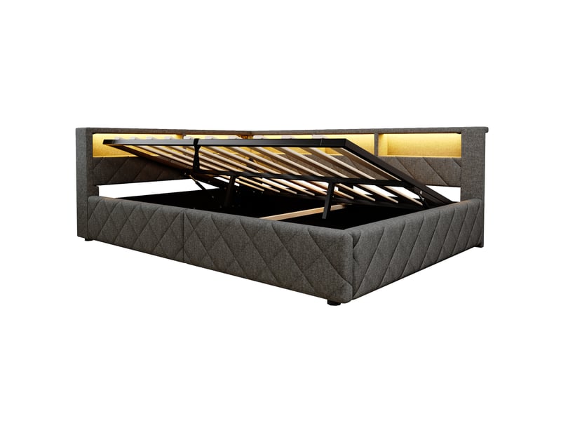  Lit banquette coffre 140 × 200 cm en lin gris, rangement hydraulique, led, usb et niche ouverte Fay Lum - Conforama E