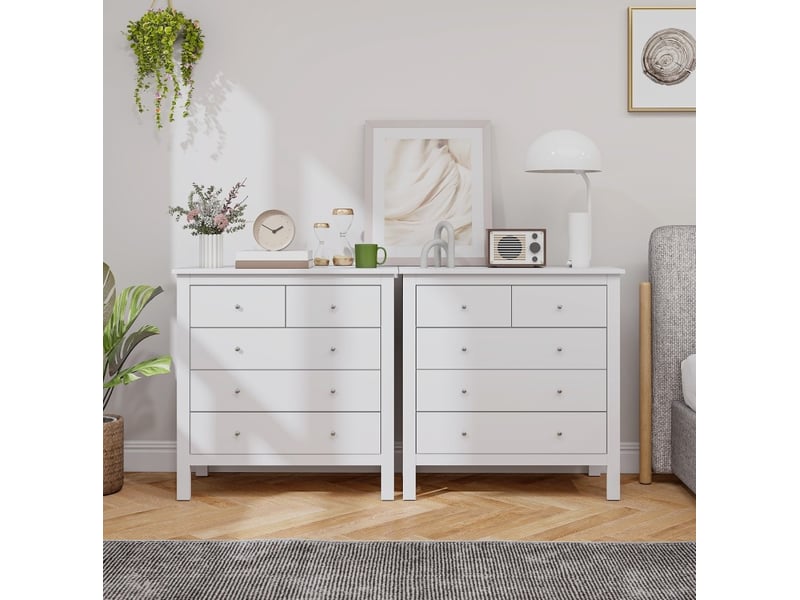  Kommode sideboard 79 x 39,5 x 80,5 cm – blanc – 5 tiroirs, ouverture silencieuse, anti-basculement  - Conforama D