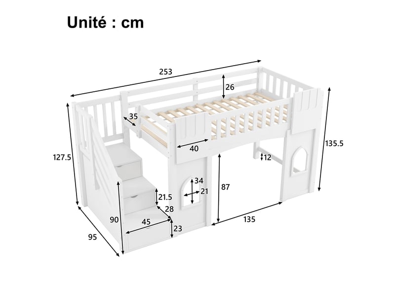  Lit mezzanine lit mezzanine enfant 90x200 cm avec échelle et rangement - avec fenêtres mdf + pin - sans matelas, blanc  - Conforama C