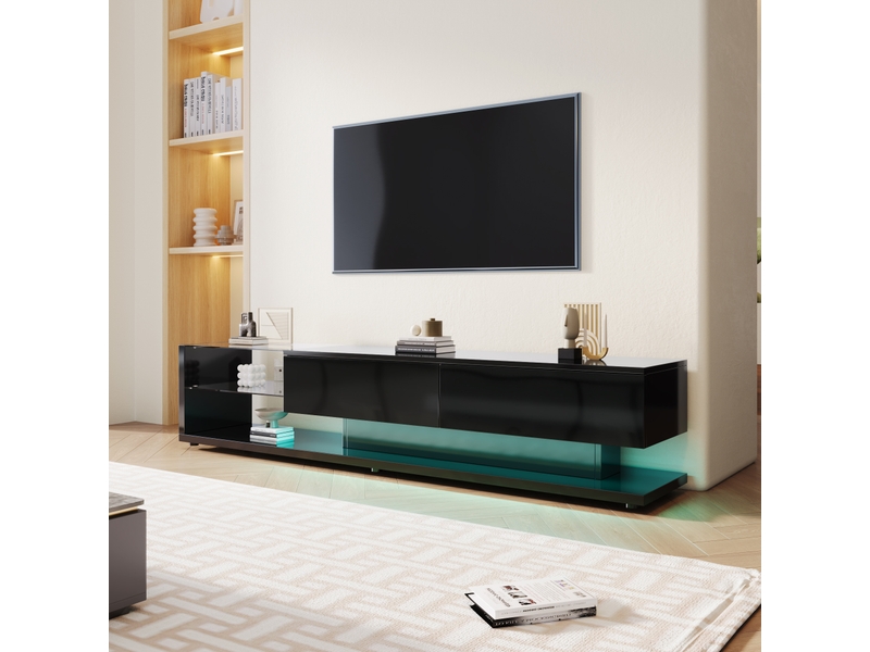  Meuble tv bas laqué modulable - lowboard salon avec cloisons en verre led - moderne et rustique  - Conforama D