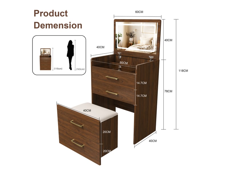  Coiffeuse d'angle 3 en 1 avec miroir 60x40x118 cm, meuble de chambre, 3 tiroirs, plateau en verre, mdf, couleur noyer  - Conforama C