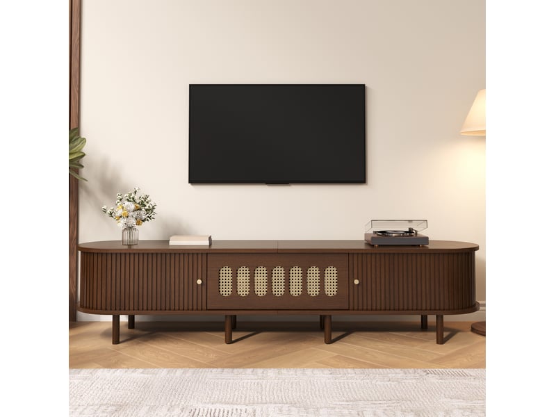  Meuble tv bas 180x40x40 cm pour écran jusqu’à 80 pouces, meuble télévision ovale avec 2 portes tambour et porte abattante en rotin, mdf, noyer foncé OPULERANE TRADING LTD - Conforama B