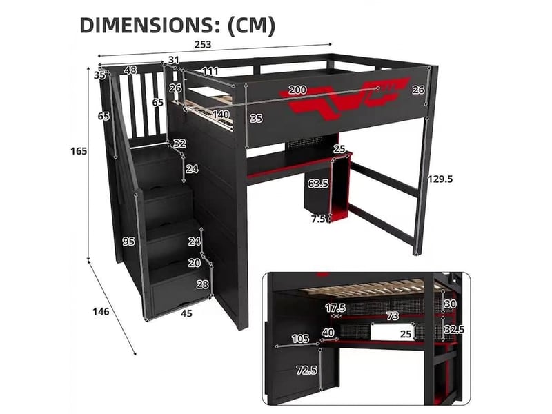  Lit mezzanine gaming 140x200 avec bureau intégré, escalier de rangement et led, noirrouge  - Conforama E