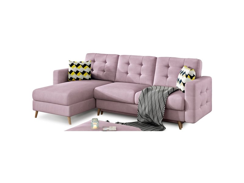  Canapé d'angle convertible hasgard 3 places rose 248x162 cm – coffre et pieds bois  - Conforama D