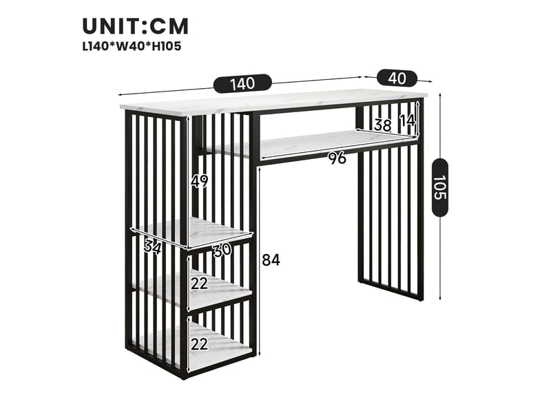 Table de bar 140x40x105 cm avec rangements, décor marbre blanc et noir - Conforama C