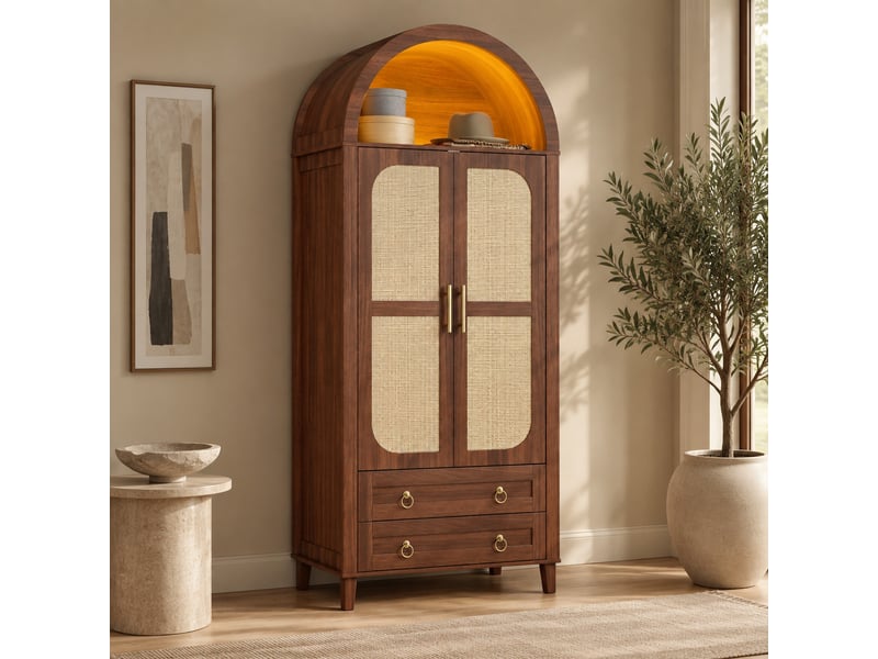  Armoire 2 portes 76x50x184 cm avec led et 2 tiroirs, finition noyer  - Conforama D