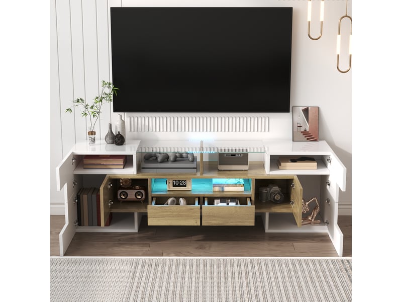  Meuble tv blanc brillant de 145 cm avec éclairage led multicolore  - Conforama E