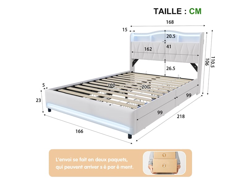  Cadre de lit 160×200 cm velours beige à 4 tiroirs de rangement, tête de lit multifonction étagères + compartiment caché, éclairage rgb tête + pied de lit, ports usb‑c, sommier à lattes inclus  - Conforama E