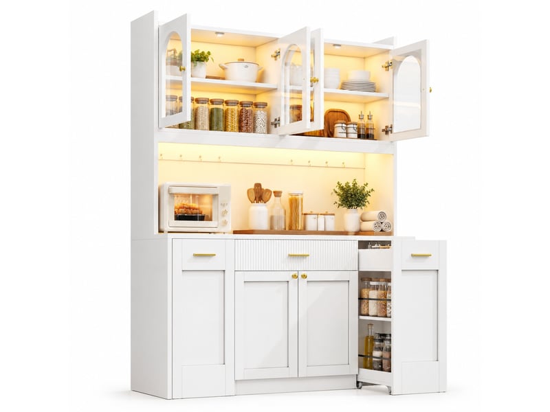  Colonne de cuisine avec vitrines en verre, led rgb et tablettes coulissantes, pour cuisine, mdf blanc, 120 × 40 × 187 cm  - Conforama A