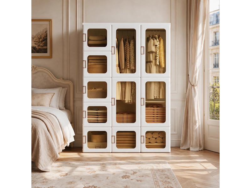 Armoire portable pliable, 15 cubes 11 portes 2 tringles, avec portes transparentes, 104x50x170 cm, corps en matériau pp, rangement chambre, blanc, plastique pp pet 12 cubes 8 portes 2 penderies, blanc - Conforama B