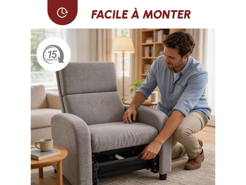  Fauteuil relax inclinable jusqu'à 160° manuellement avec repose-pieds intégré, grand confort, charge max. 120kg, gris  - Conforama W