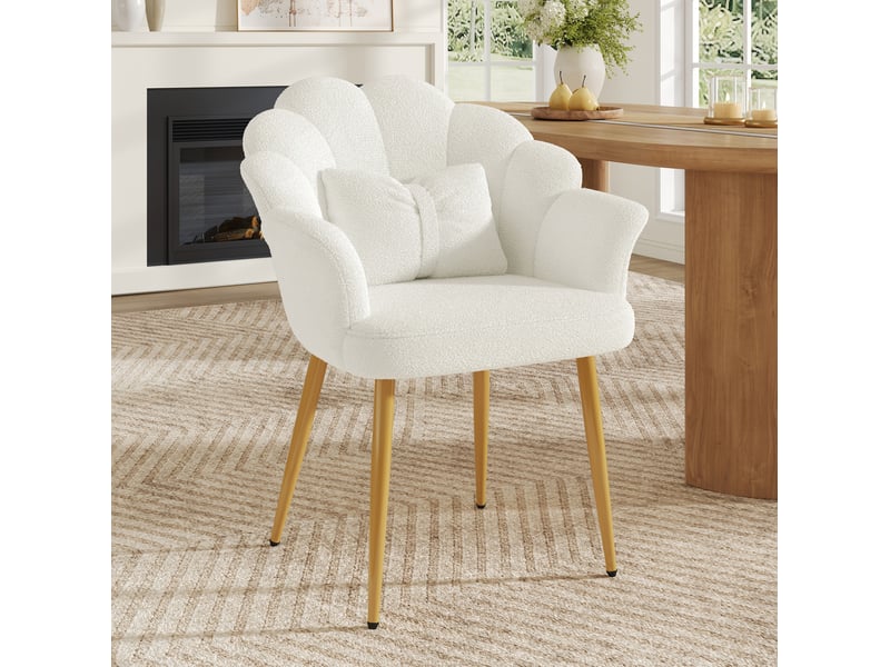 Fauteuil de salle à manger 64x65,5x85 cm, dossier pétale, coussin nœud, tissu teddy, pieds dorés, blanc - Conforama B