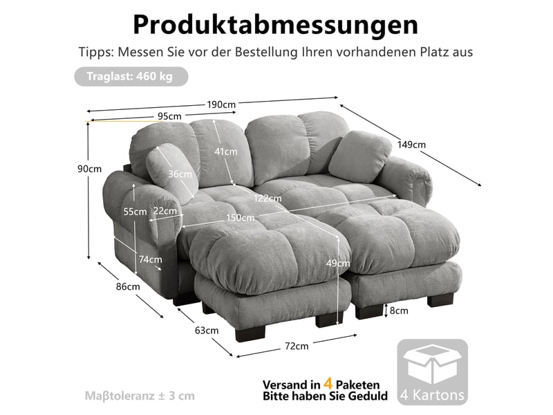  Canapé modulable 2 places en tissu gris clair avec ottomane mobile, design matelassé pour le salon  - Conforama C