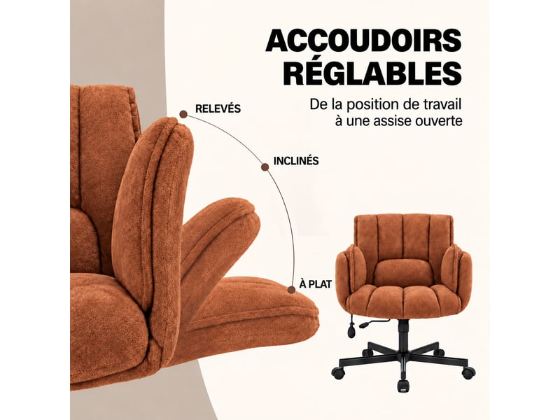  Fauteuil ergonomique tissu accoudoirs rabattables, coussin lombaire gonflable, assise large, pivot 360° 150kg-orange  - Conforama D