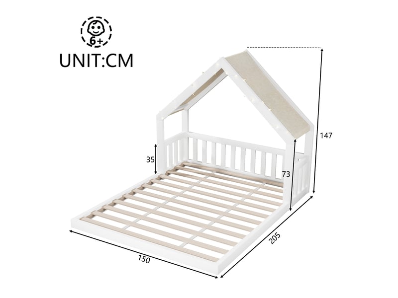 Lit cabane 140x200 cm toit textile guirlande lumineuse, sommier à lattes, mdf et pin, blanc sans matelas  - Conforama C