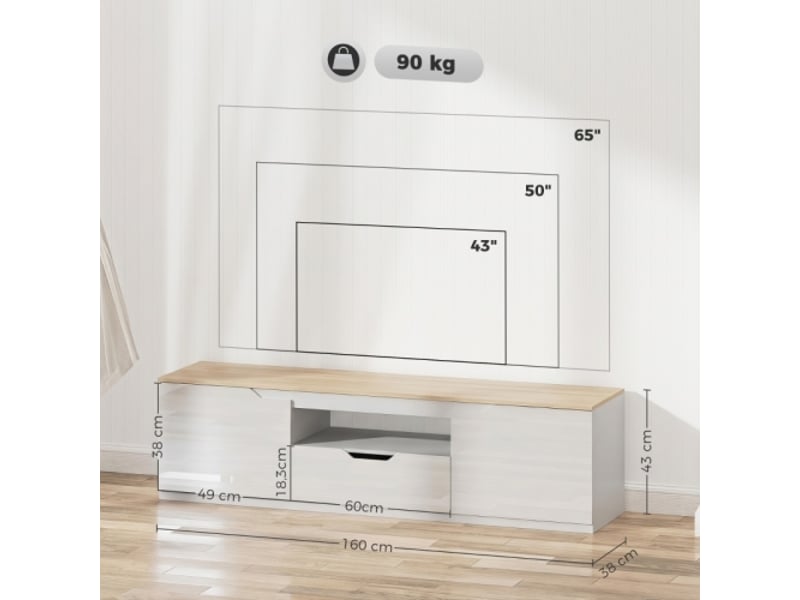  Meuble tv laqué brillant 65 pouces – 3 compartiments + tiroir, 160 × 38 × 43 cm, bois naturel  - Conforama C