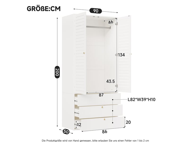  Armoire tcqpz 2 portes battantes à lamelles 90 x 50 x 200 cm avec penderie et 3 tiroirs blanc  - Conforama C