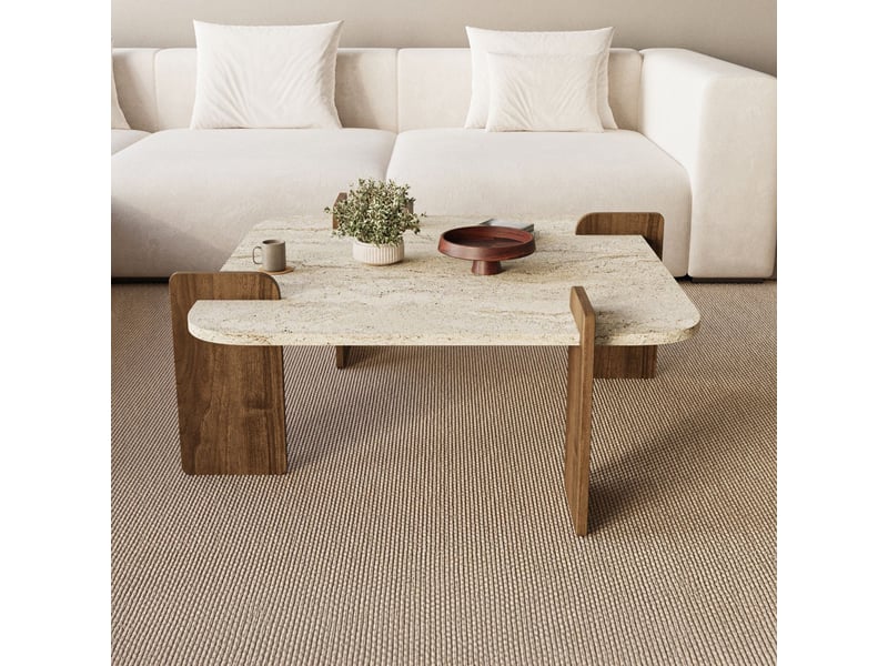  Table basse carrée beige piètement couleur bois foncé 90 cm  - Conforama B