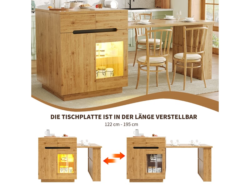  Desserte de cuisine avec table extensible, rangements et led pour cuisine et salle à manger 122-195 × 70 × 93,5 cm  - Conforama E