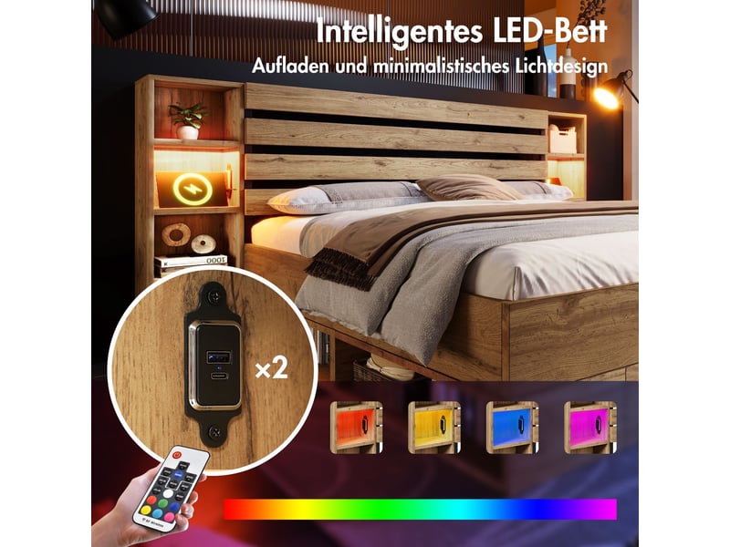 Lit coffre 180x200, rangement intégré lit double, led multicolore, ports usb-c, structure bois massif - Conforama E